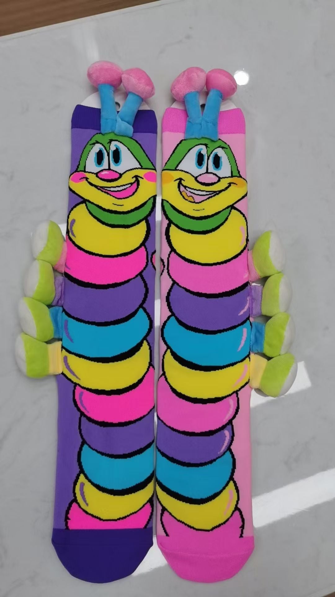 BoBo 3D Caterpillar Knee-High Socks | Mismatched Fun Socks for Kids & Adults | Novelty Gift for Crazy Sock Day