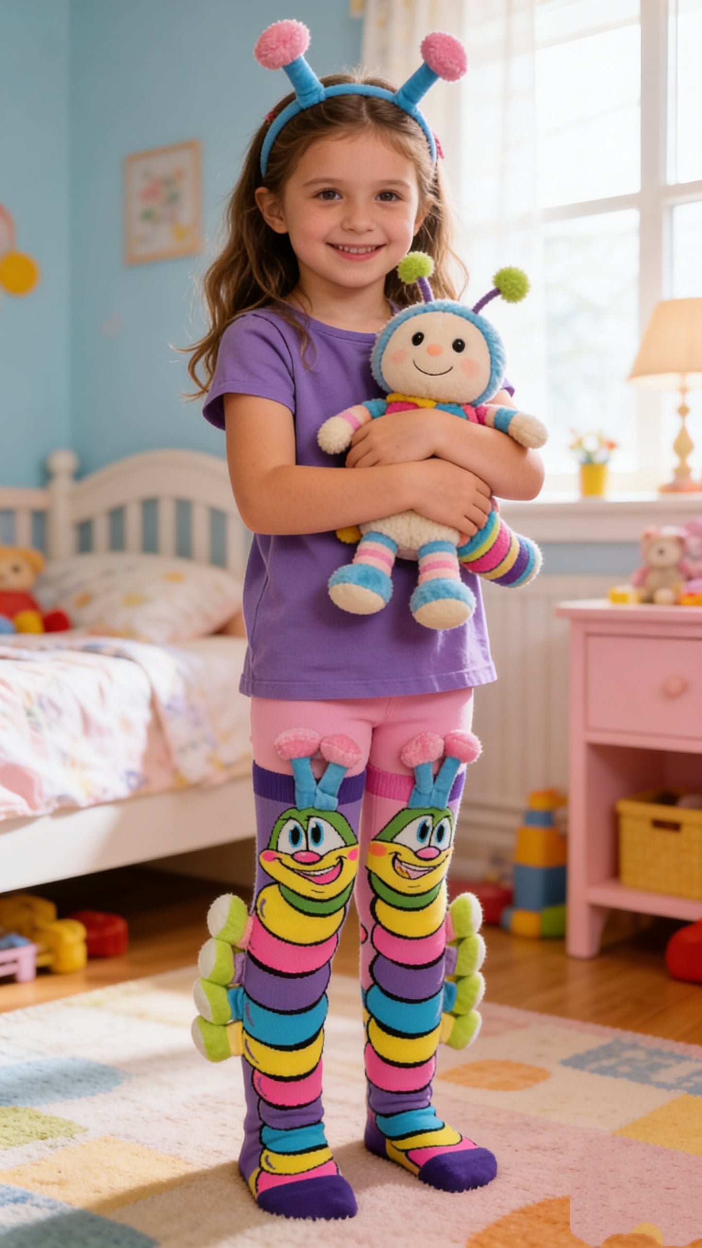 BoBo 3D Caterpillar Knee-High Socks | Mismatched Fun Socks for Kids & Adults | Novelty Gift for Crazy Sock Day