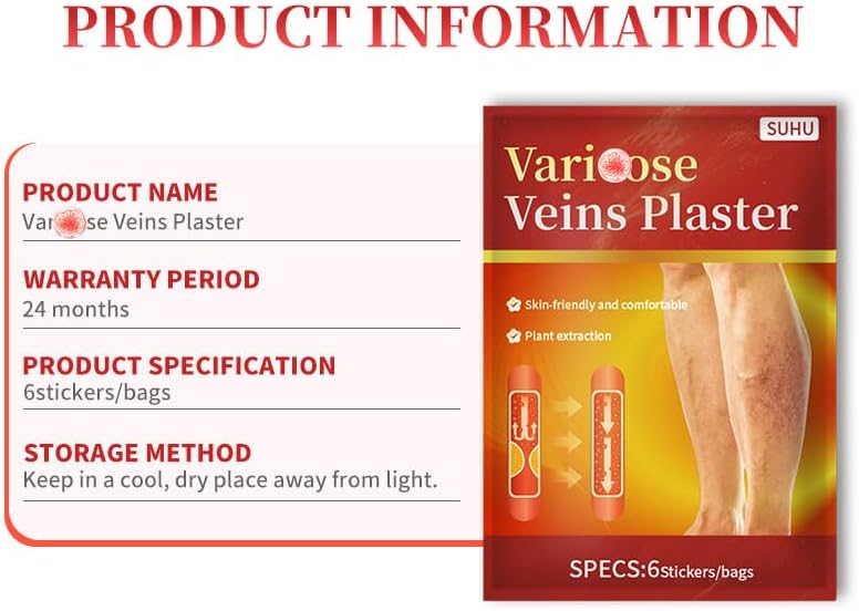 Varicose Veins Relief Plasters, 2 - Pack (12Pcs) for Bulging Veins & Leg Discomfort, Plant - Based, Skin - Friendly