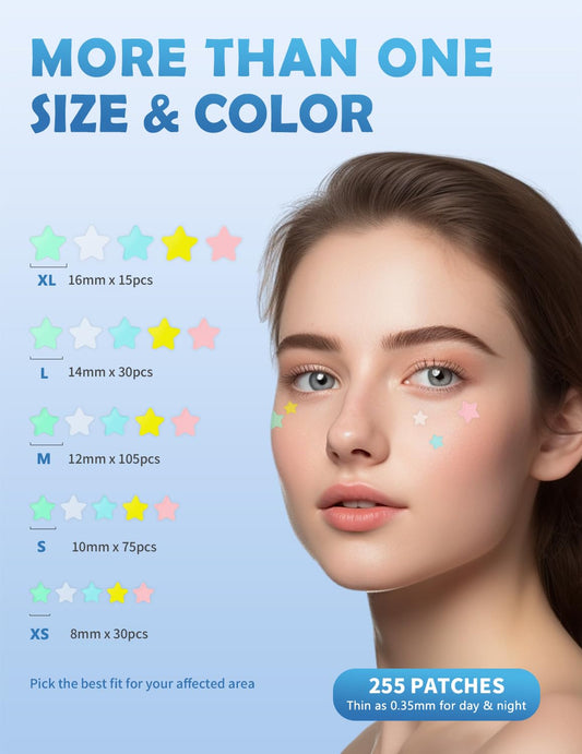 bobovitalcare Patches for Face, Star Hydrocolloid Acne Patches Professional 200 ct. 5 Colors & 5 Sizes(8/10/12/14/16mm) Suit Various Blemish, Cute Spot Stickers Invisible Zit Absorbing, Tea Tree