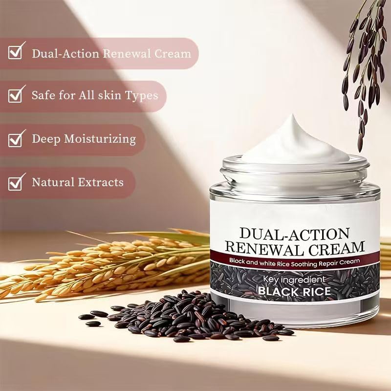 Dual-Action Black & White Rice Moisturizing Cream | Hydrating Body Cream with Rice Bran, Tea Tree Oil & Aloe Vera | Gentle for All Skin Types, 1.76oz x2 Pack