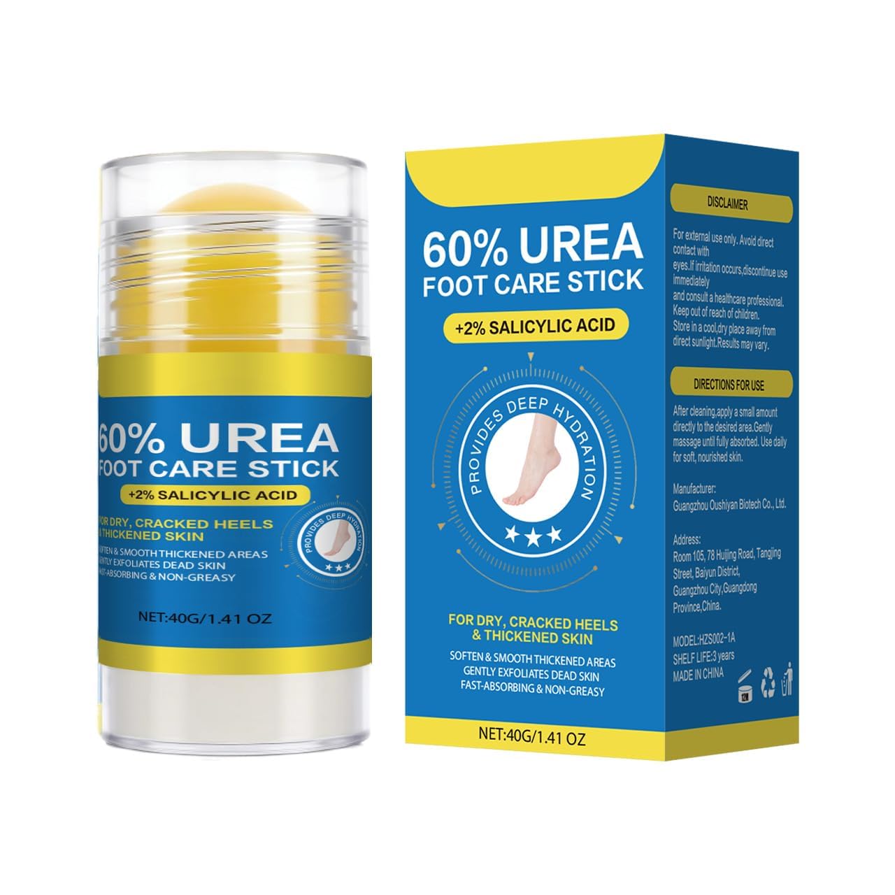 60% Urea Foot Care Stick (with 2% Salicylic Acid) — Moisturizing Foot Cream for Dry Skin on Feet, Knees, Elbows & Hands - Hydrates & Softens Rough Skin (2-Pieces)