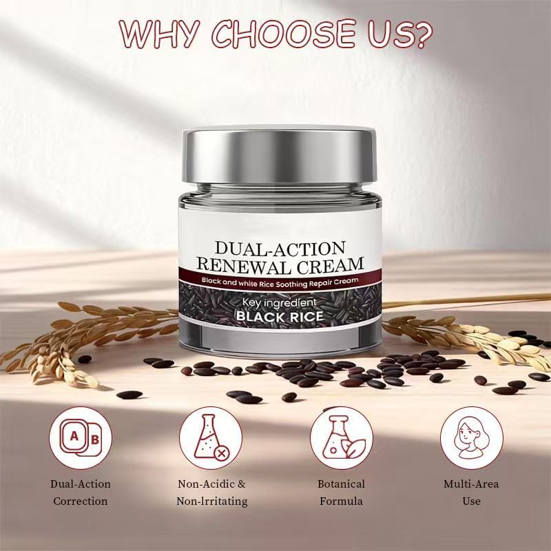Dual-Action Black & White Rice Moisturizing Cream | Hydrating Body Cream with Rice Bran, Tea Tree Oil & Aloe Vera | Gentle for All Skin Types, 1.76oz x2 Pack