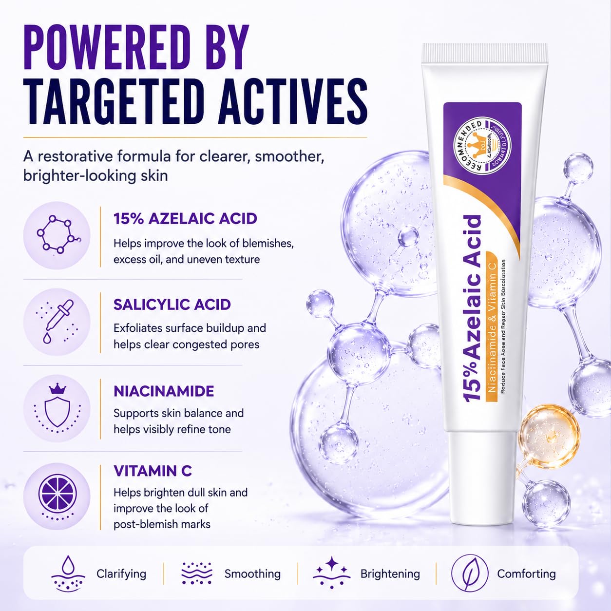 Azelaic Acid Face Cream - Restorative Multi-Action Formula with Vitamin C & Niacinamide, Comforting Gel-Cream for Post-Shaving & Stressed Skin, Revitalizing Skin Tone & Texture (Pack of 1)