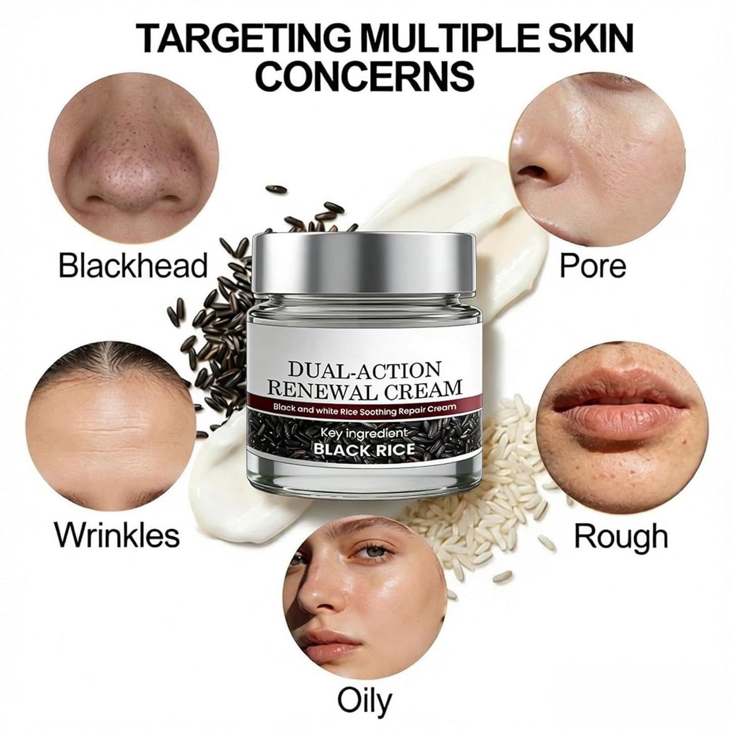 Dual-Action Black & White Rice Moisturizing Cream | Hydrating Body Cream with Rice Bran, Tea Tree Oil & Aloe Vera | Gentle for All Skin Types, 1.76oz x2 Pack