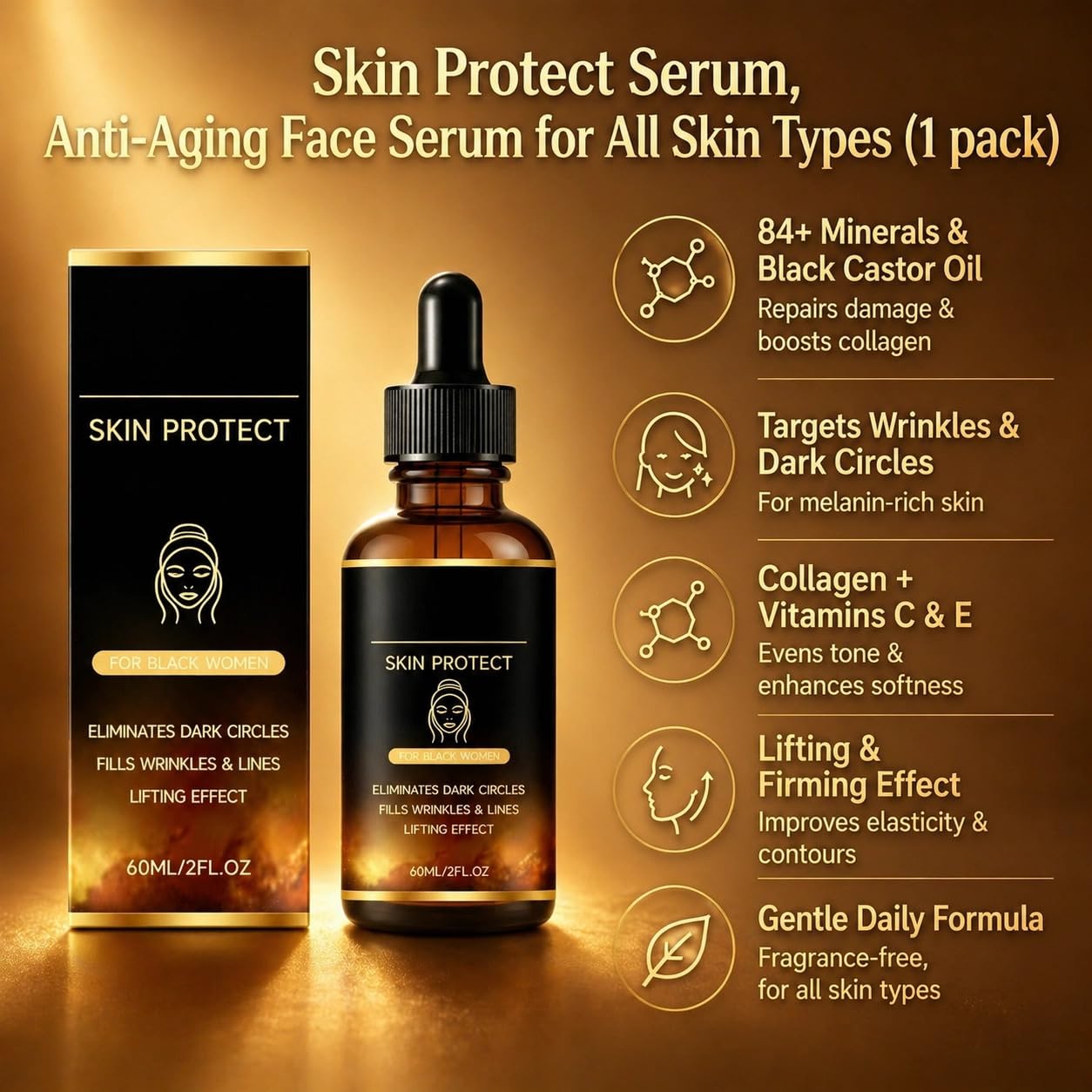 Walker Skin Protect Serum for Black Women, Reduces Wrinkles & Fine Lines, Eliminates Dark Circles, and Lifts & Firms Skin,Lightweight Non-Greasy,Suitable for Black Women & All Skin Types.(1 pack)