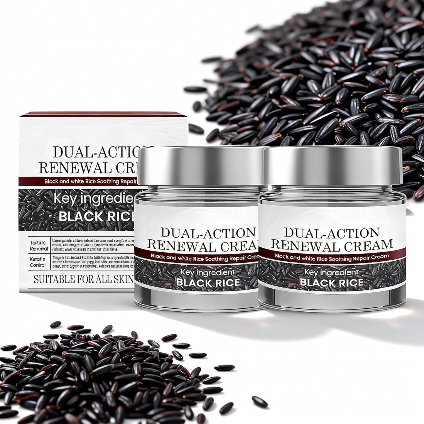 Dual-Action Black & White Rice Moisturizing Cream | Hydrating Body Cream with Rice Bran, Tea Tree Oil & Aloe Vera | Gentle for All Skin Types, 1.76oz x2 Pack