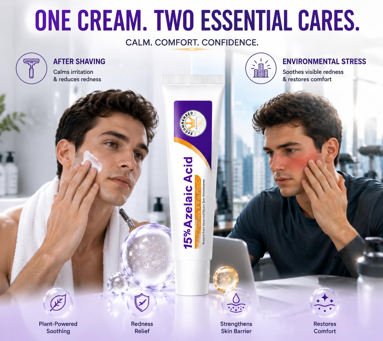 Azelaic Acid Face Cream - Restorative Multi-Action Formula with Vitamin C & Niacinamide, Comforting Gel-Cream for Post-Shaving & Stressed Skin, Revitalizing Skin Tone & Texture (Pack of 1)