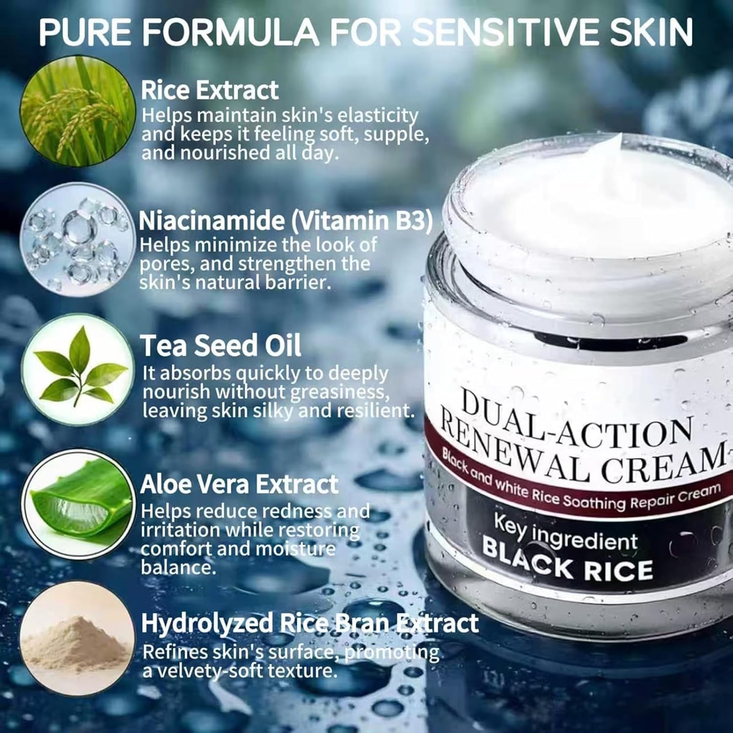 Dual-Action Black & White Rice Moisturizing Cream | Hydrating Body Cream with Rice Bran, Tea Tree Oil & Aloe Vera | Gentle for All Skin Types, 1.76oz x2 Pack
