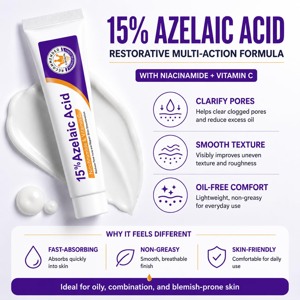 Azelaic Acid Face Cream - Restorative Multi-Action Formula with Vitamin C & Niacinamide, Comforting Gel-Cream for Post-Shaving & Stressed Skin, Revitalizing Skin Tone & Texture (Pack of 1)
