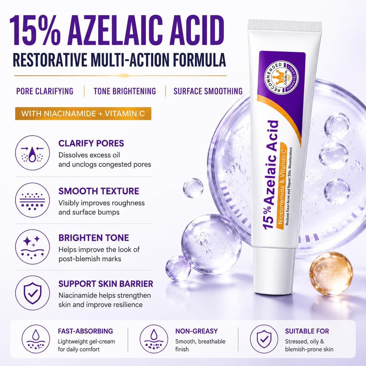 Azelaic Acid Face Cream - Restorative Multi-Action Formula with Vitamin C & Niacinamide, Comforting Gel-Cream for Post-Shaving & Stressed Skin, Revitalizing Skin Tone & Texture (Pack of 1)
