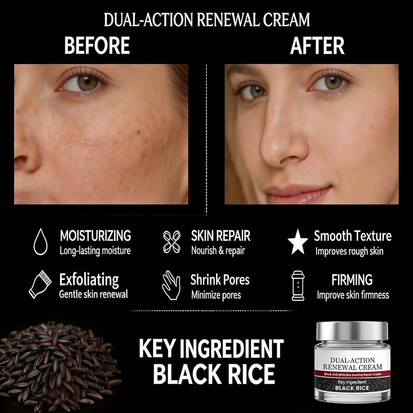 Dual-Action Black & White Rice Moisturizing Cream | Hydrating Body Cream with Rice Bran, Tea Tree Oil & Aloe Vera | Gentle for All Skin Types, 1.76oz x2 Pack