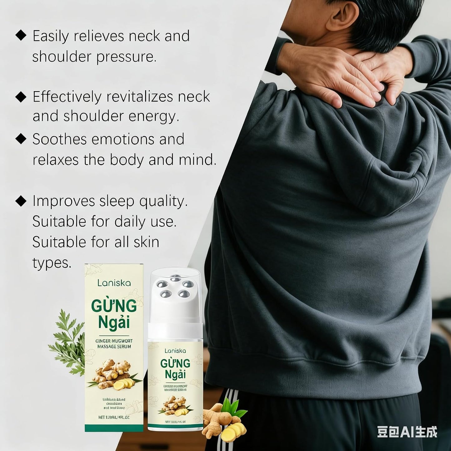 Ginger Mugwort Roller Massage Liquid, Gentle Nourishing & Moisturizing, Neck and Shoulder Comfort Care Essence, Natural Plant Extracts for Relaxation (1)