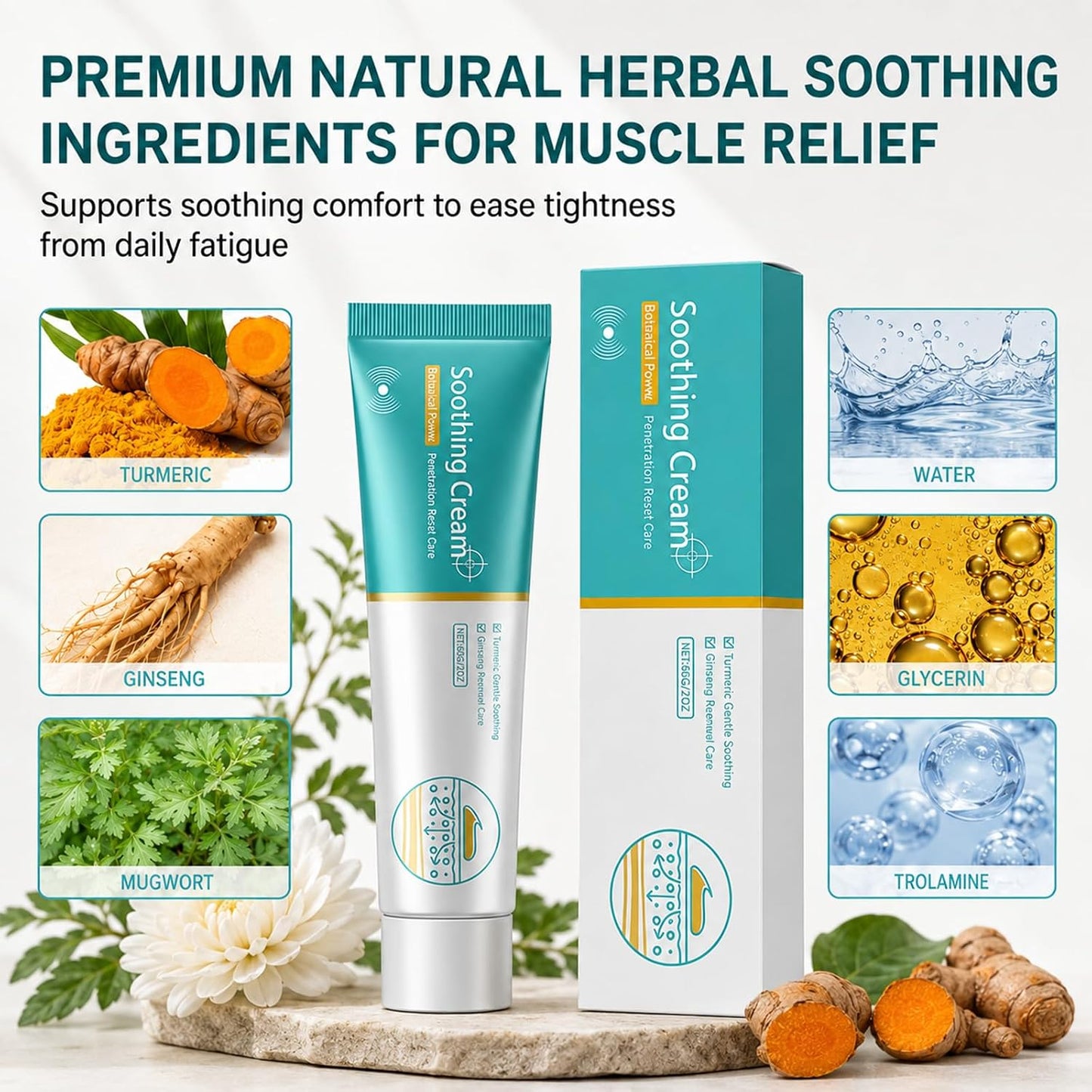 2Pcs Soothing Cream,Herbal Vein Care Cream for Legs & Shoulders,Botanical Massage Cream with Turmeric, Ginseng & Mugwort,Fast-Absorbing Moisturizing Formula for Daily Skin Care