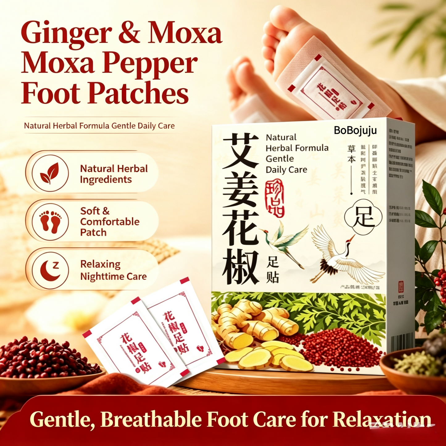 Ginger Mugwort Pepper Foot Patches, 30 Counts Natural Herbal Foot Care Patches, Overnight Relaxing Foot Pads for Tired Feet, Gentle Plant Foot Stickers for Night Use